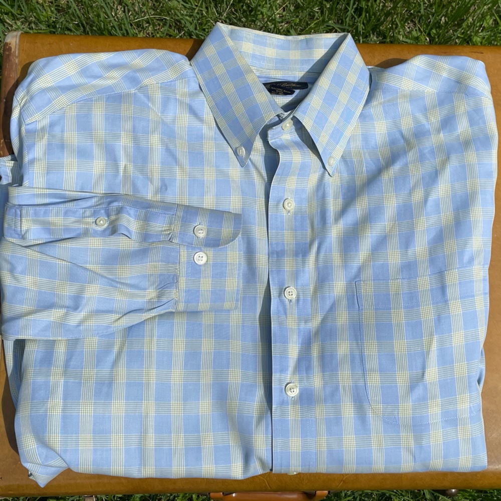 Brooks Brothers Men's Blue Yellow Checkered Button Collar Shirt Woven Italy USA